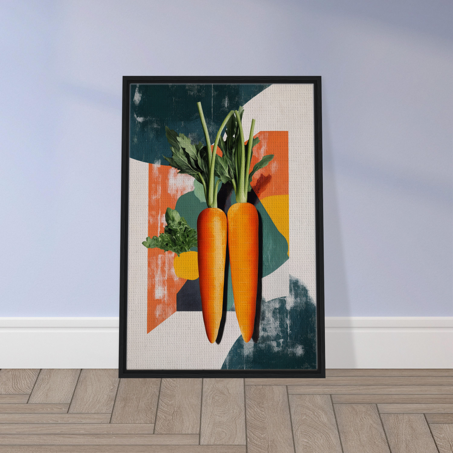 Framed artwork of vibrant carrots in Carrot Kaleidoscope Dreamscape for stylish room decor