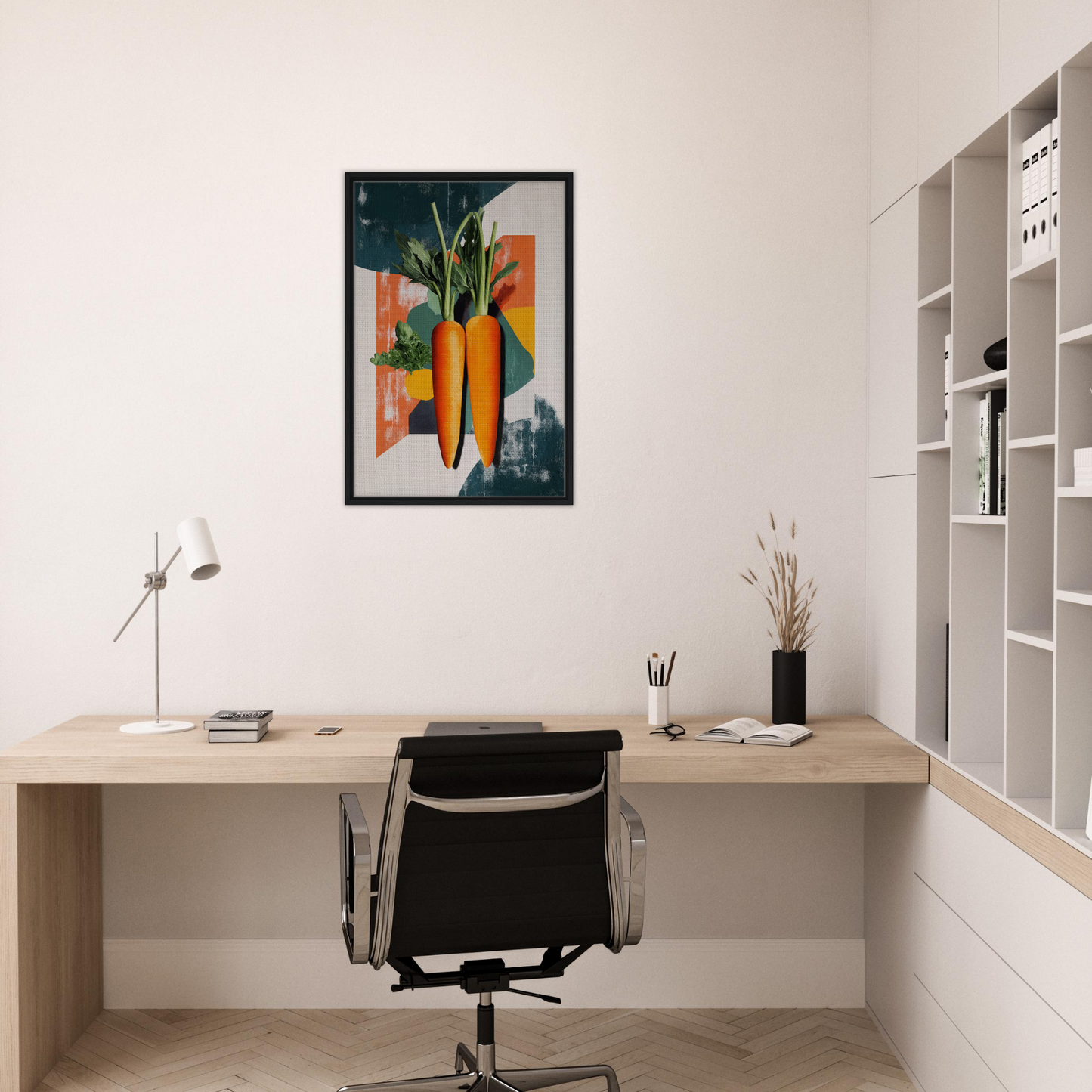 Minimalist home office featuring Carrot Kaleidoscope Dreamscape art as room decor