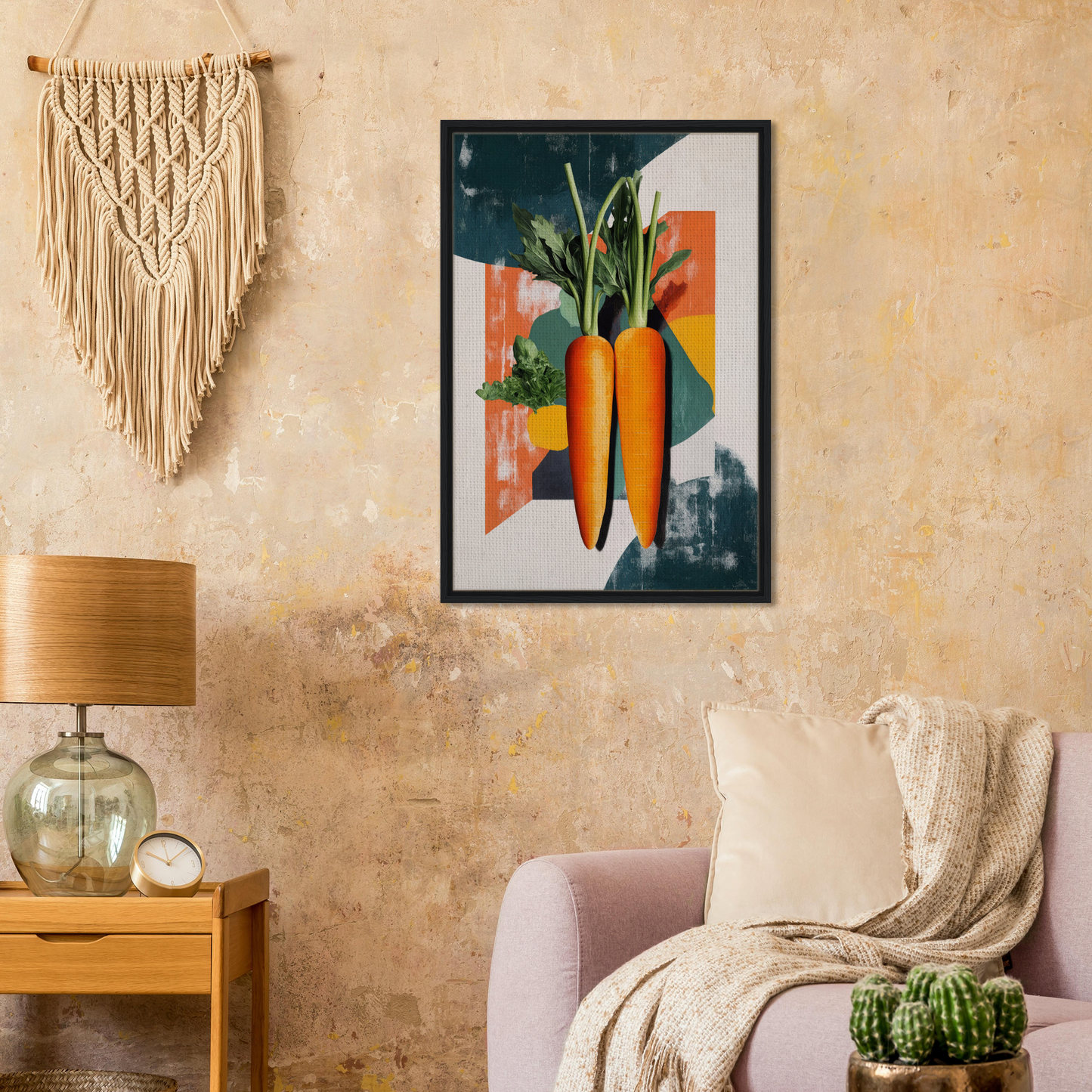 Framed artwork of vibrant orange carrots in a Carrot Kaleidoscope Dreamscape room decor