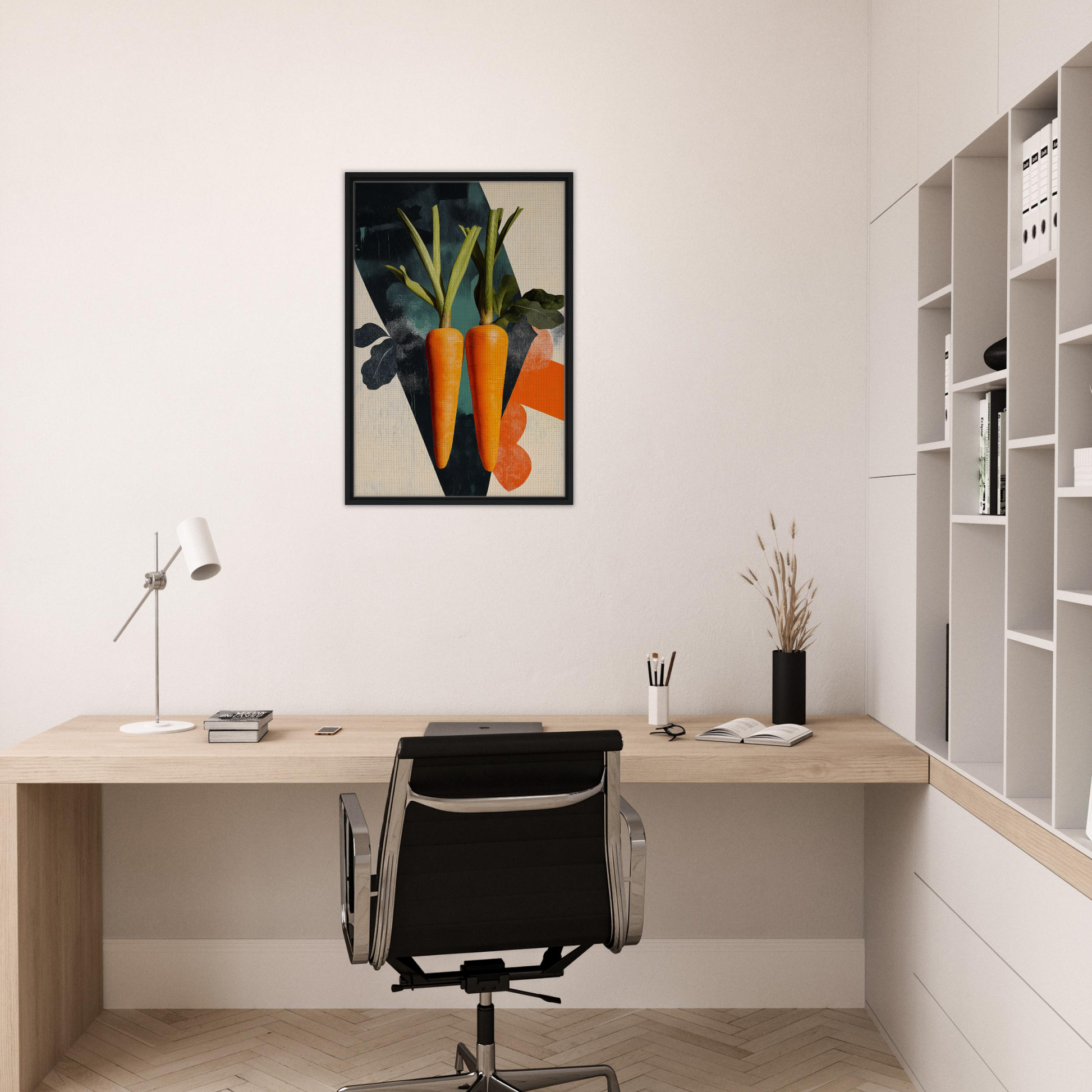 Minimalist home office featuring Carrot Zenith Fragments framed canvas print and stylish desk