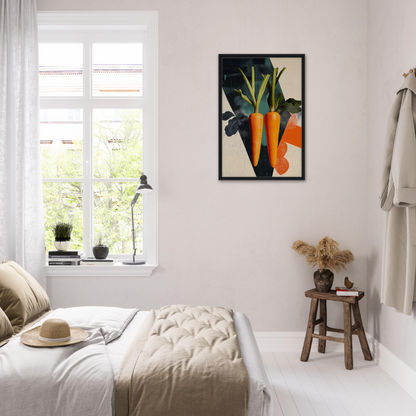 Framed canvas print of Carrot Zenith Fragments featuring vibrant orange carrots