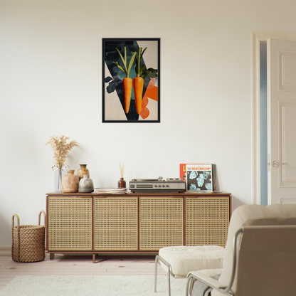 Wooden sideboard with cane-webbed doors showcasing Carrot Zenith Fragments room decor