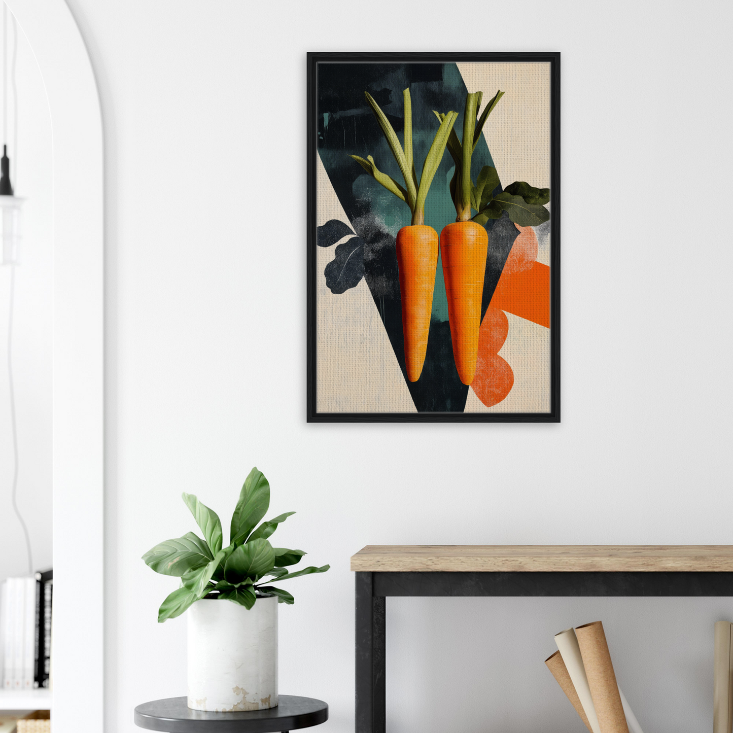 Framed canvas print of Carrot Zenith Fragments featuring stylized carrots with green tops