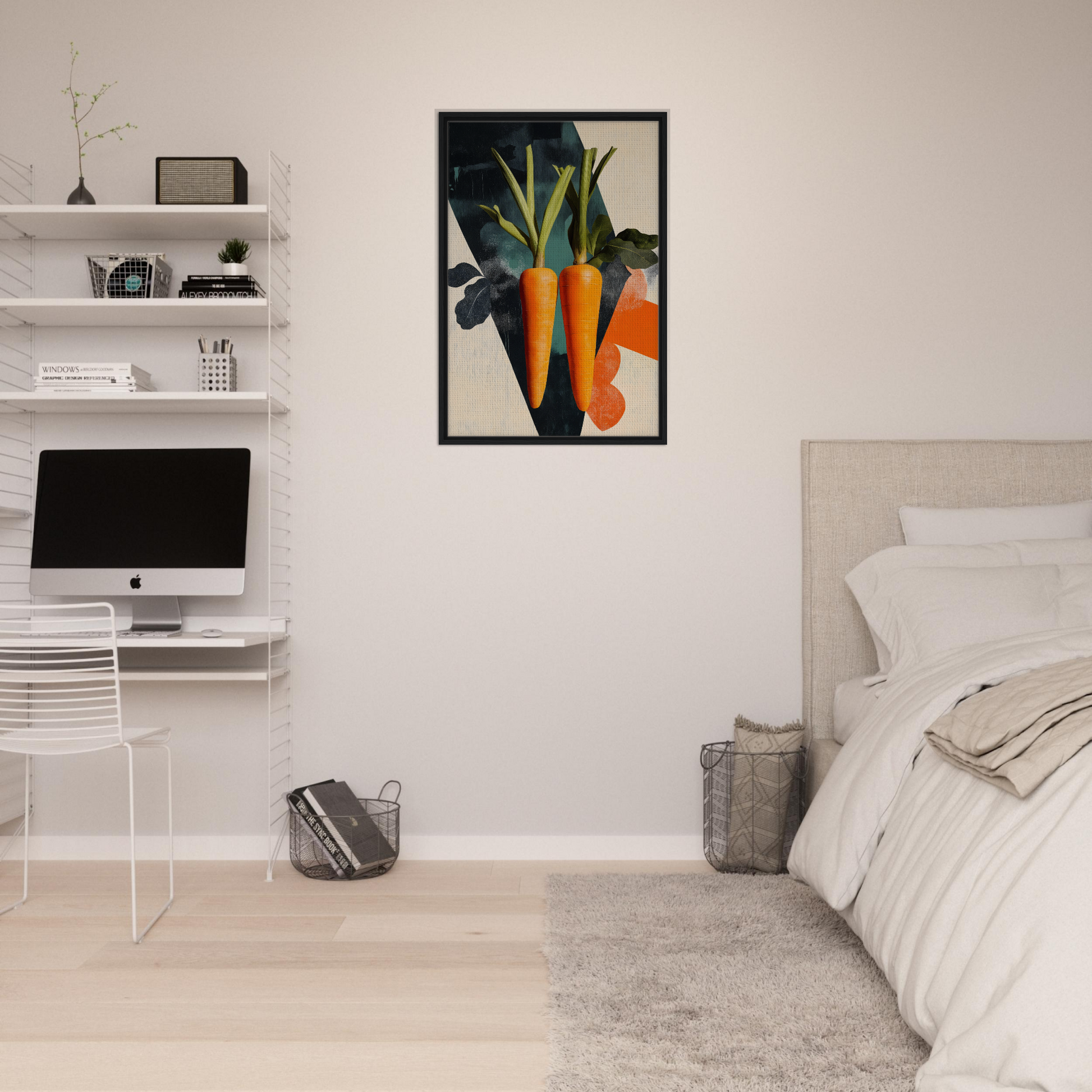 Framed canvas print of Carrot Zenith Fragments with vibrant carrots and green leaves