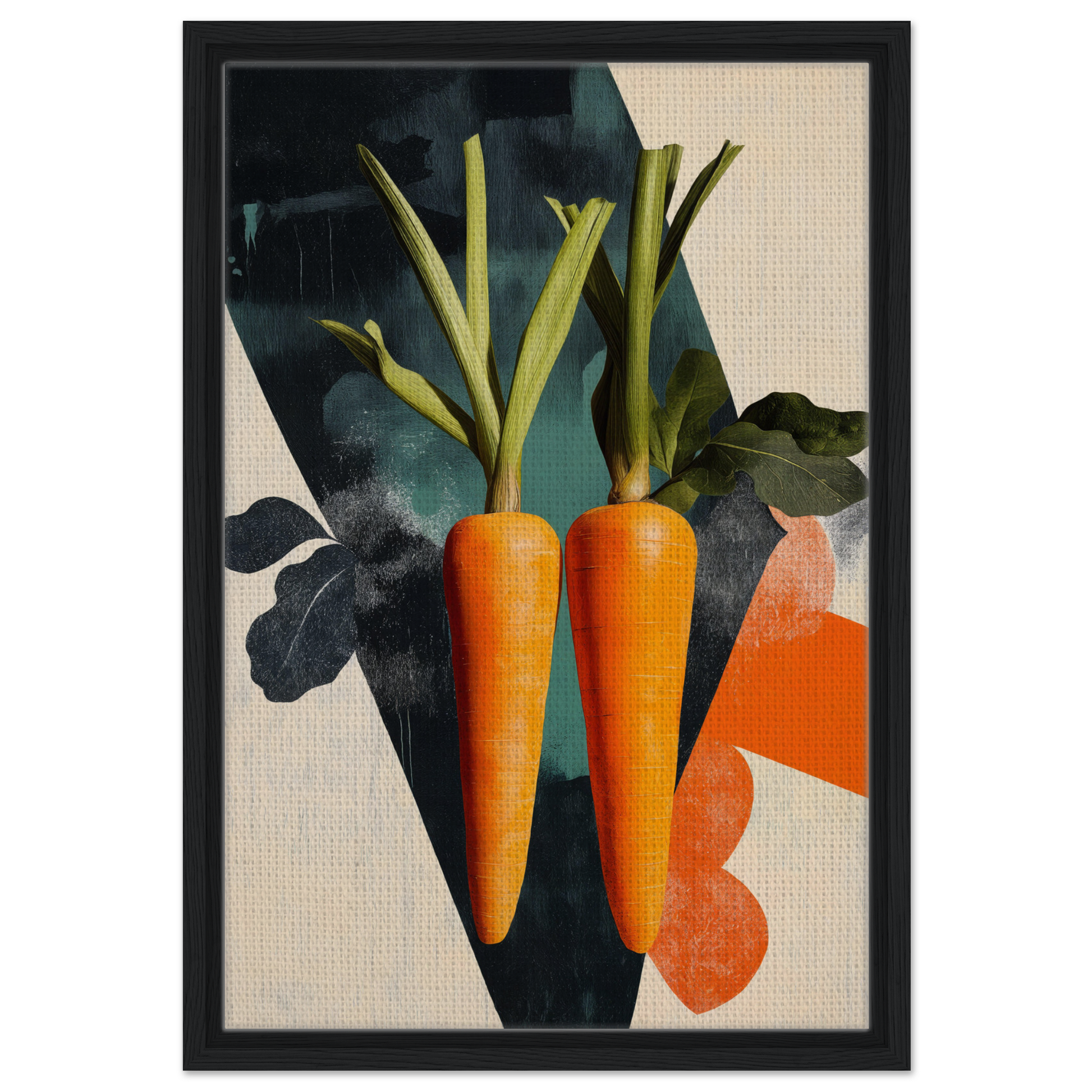 Two vibrant orange carrots with green tops, part of Carrot Zenith Fragments for room decor
