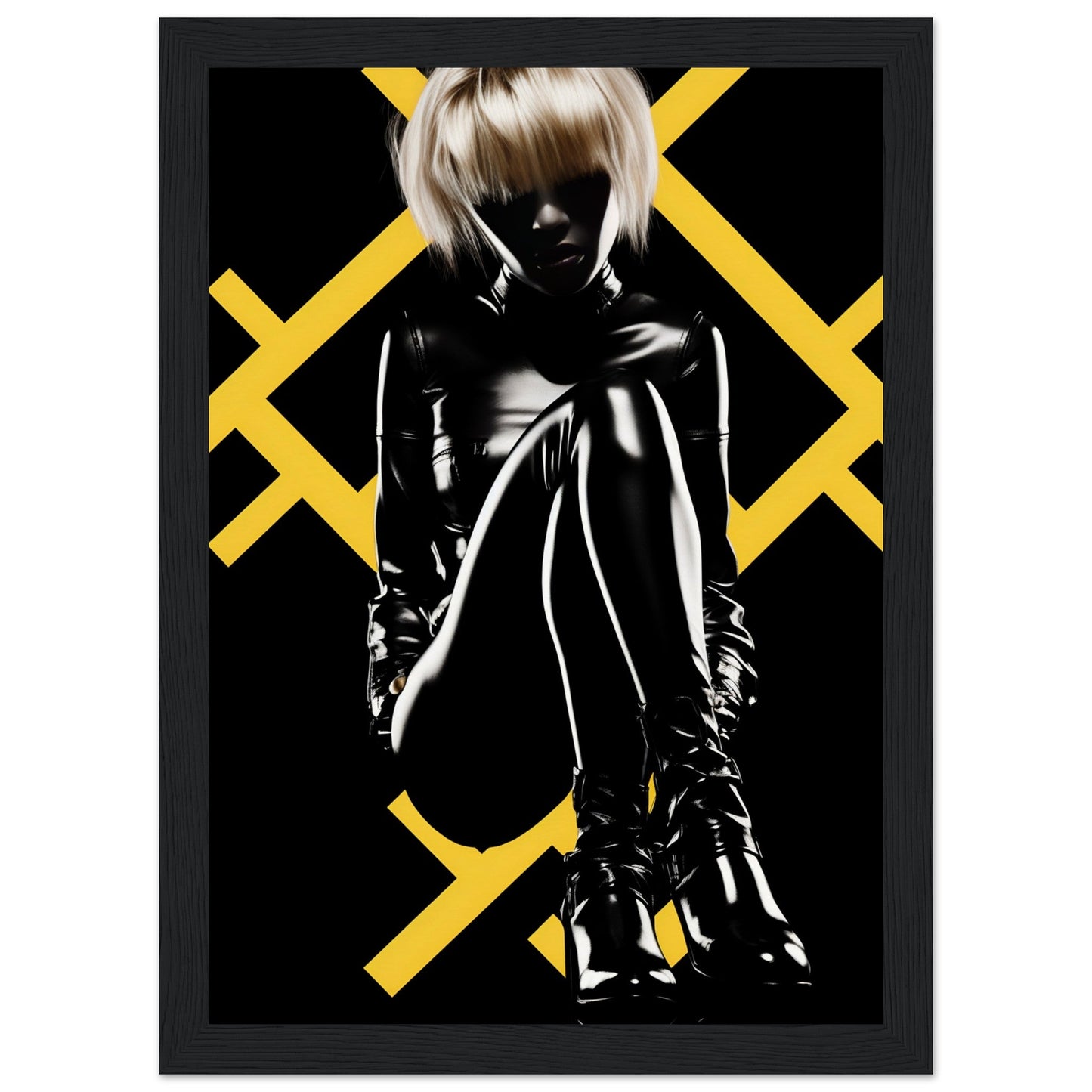 Silhouette of a person in shiny black clothing against a yellow geometric pattern.