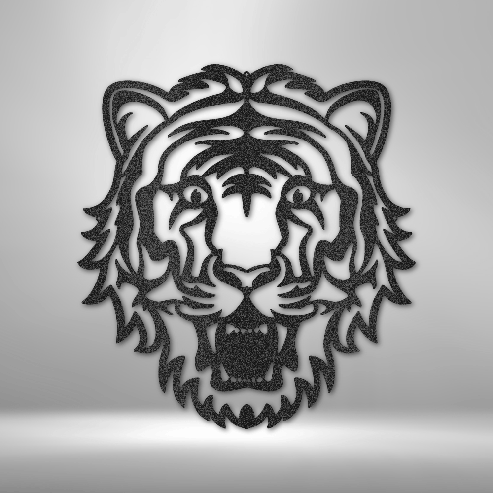 Stylized black silhouette of a tiger’s face with prominent features and an open mouth.