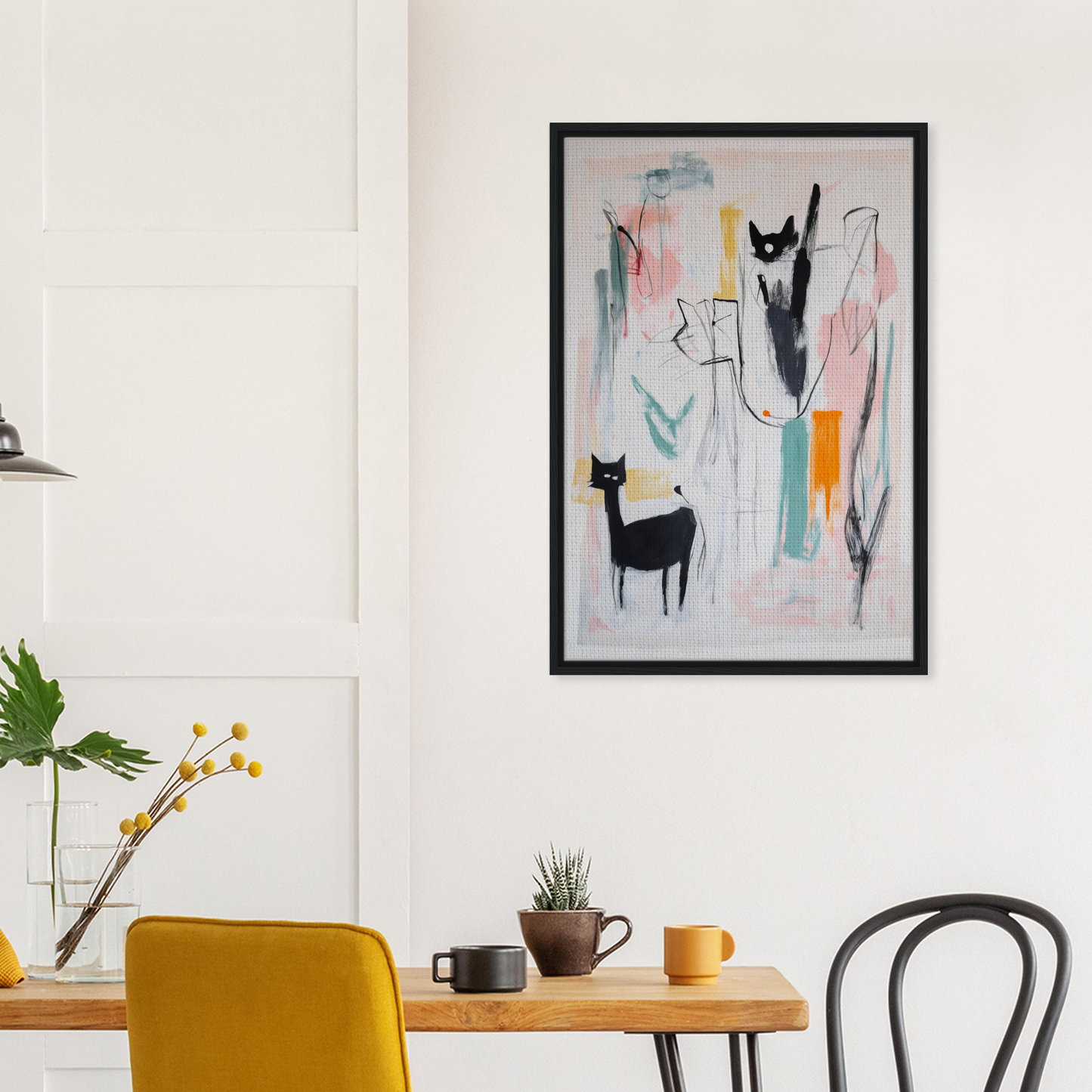 Abstract painting of stylized cats and geometric shapes, perfect for Cats Collide Cosmic room decor