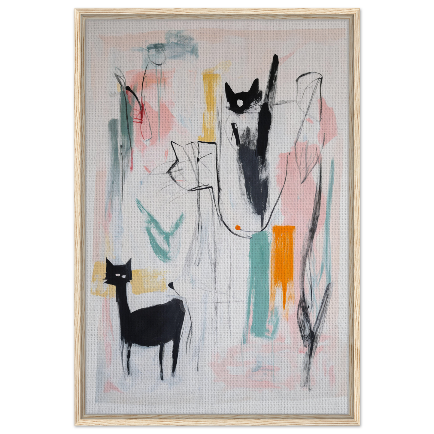 Abstract painting of cats collide cosmic with vibrant shapes in a framed canvas print