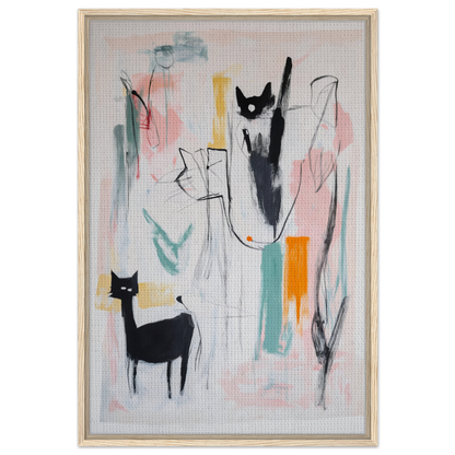 Abstract painting of cats collide cosmic with vibrant shapes in a framed canvas print