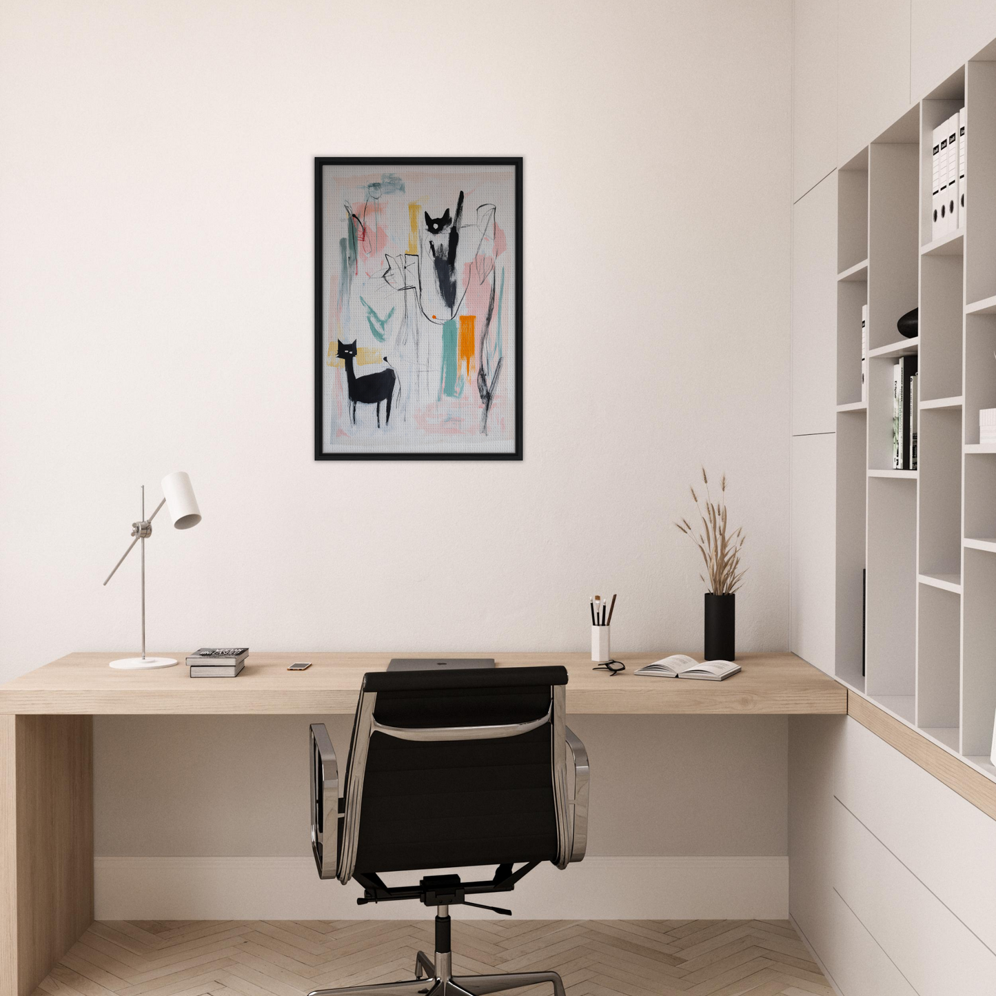 Minimalist home office featuring Cats Collide Cosmic artwork as stylish room decor