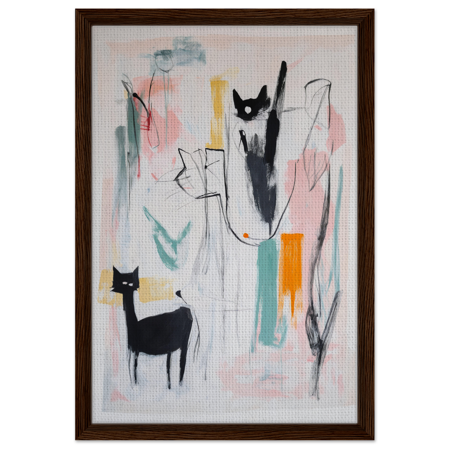 Abstract painting of stylized cats and geometric shapes from Cats Collide Cosmic room decor