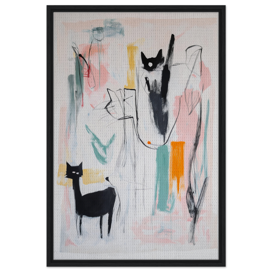 Abstract painting of stylized cats and geometric shapes in Cats Collide Cosmic framed canvas print