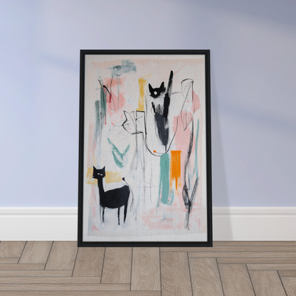 Framed abstract painting of stylized cat figures in colorful geometric shapes from Cats Collide Cosmic