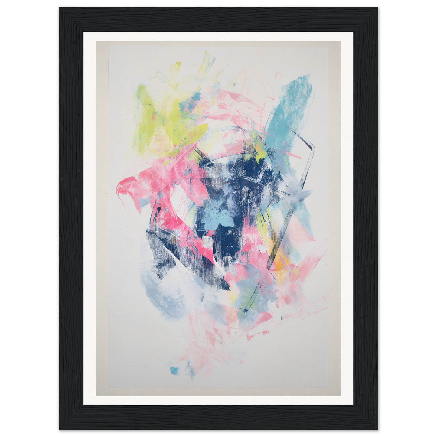 Framed wall art with bold brushstrokes in pink, blue, yellow, and green hues.