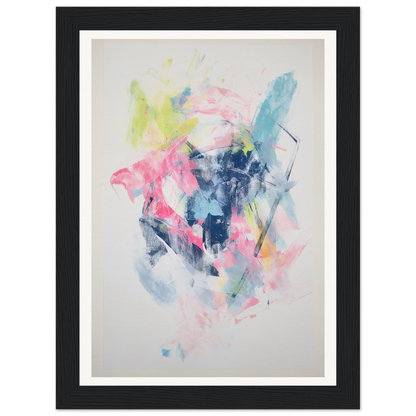 Framed wall art with bold brushstrokes in pink, blue, yellow, and green hues.