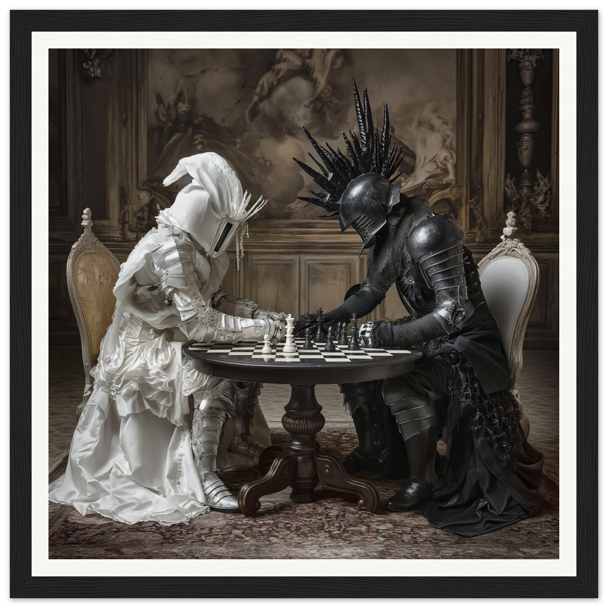 Two figures in black and white armor playing chess at a table from Duelling Nightmares’ Vision