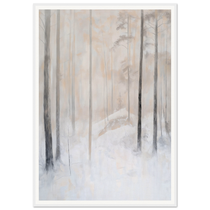 Framed wall art of a snowy forest with tall, slender trees in soft, muted colors.