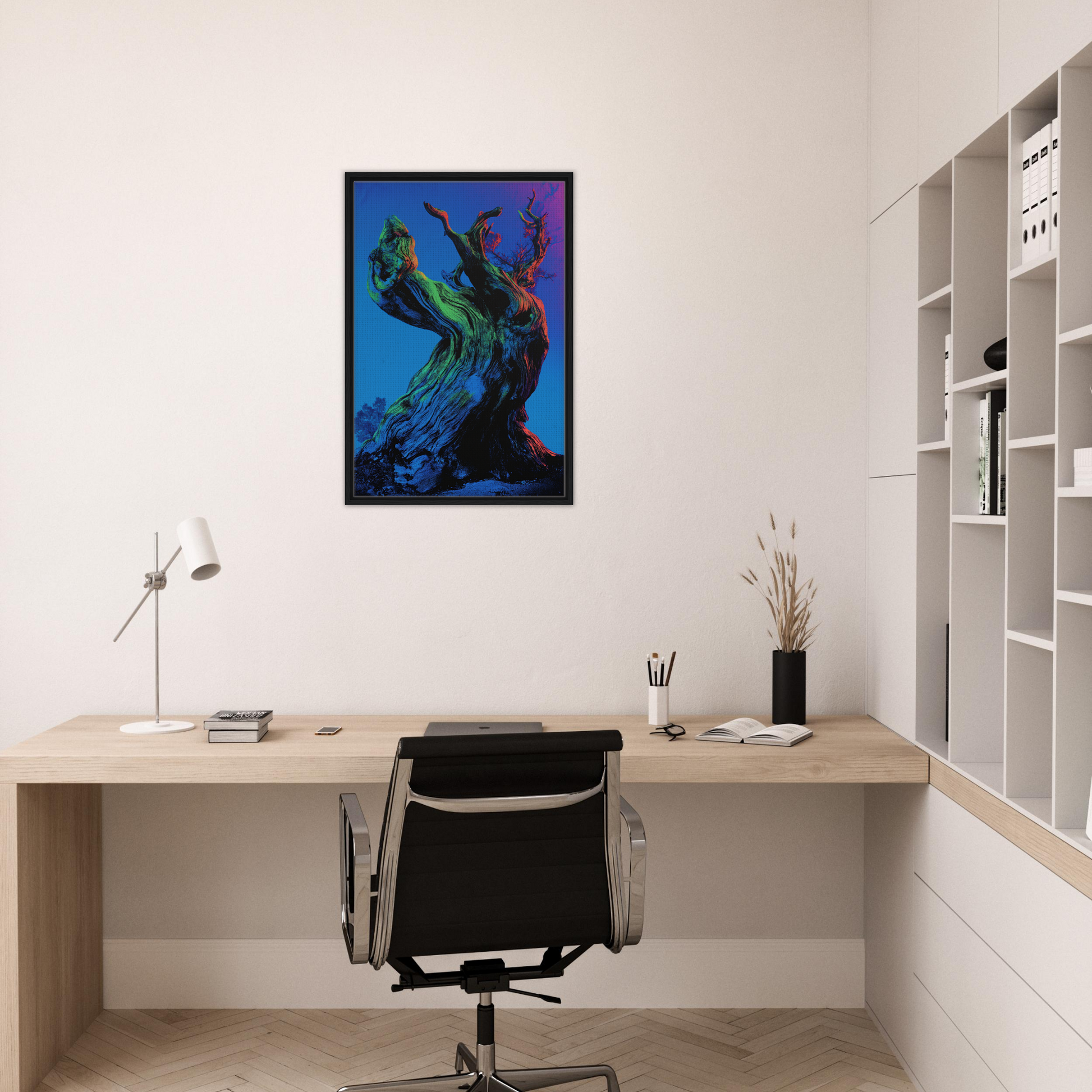 Framed canvas print of a vibrant peacock in Celestial Arbor Gaze artwork