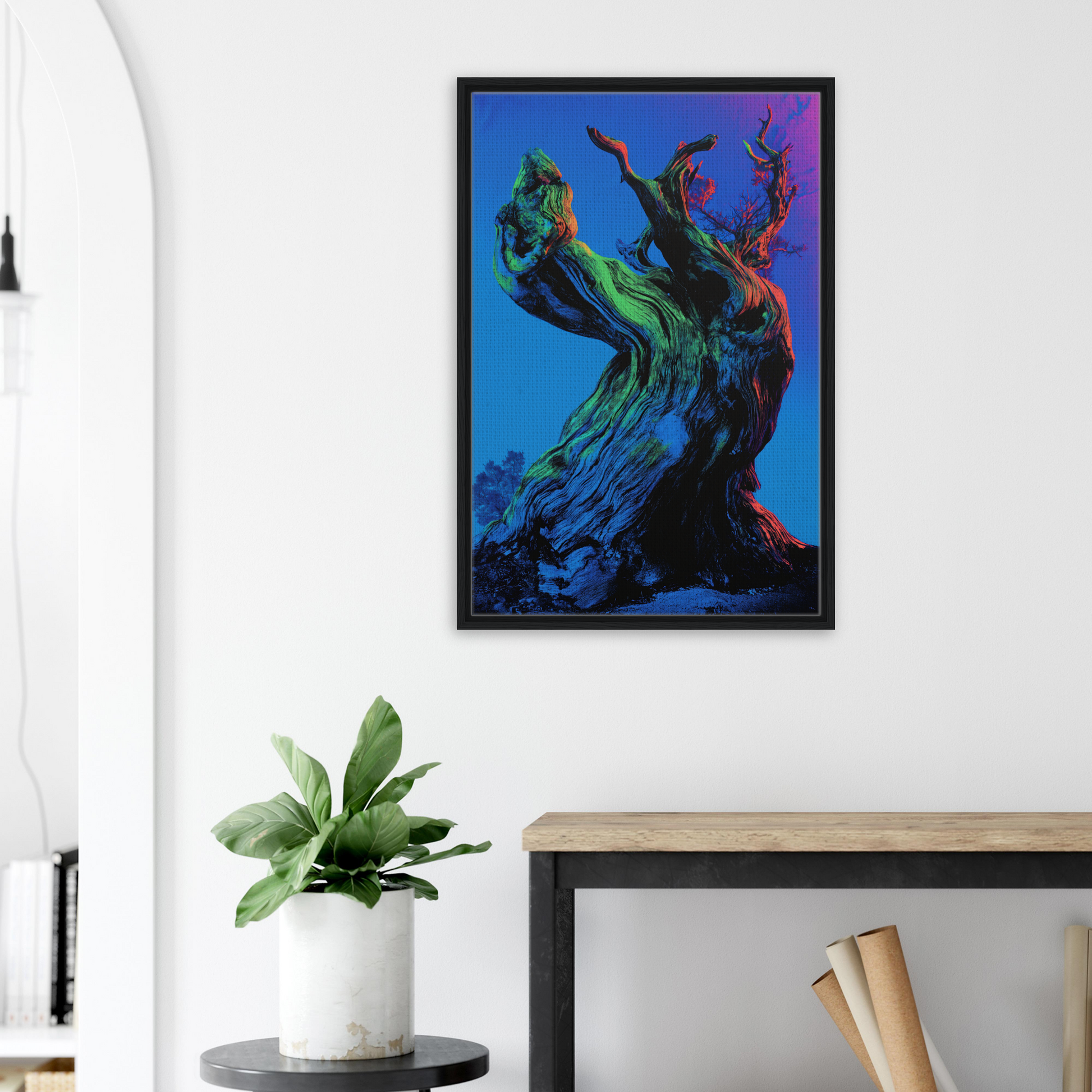 Vibrant abstract painting of organic form in blue, green, and purple for Celestial Arbor Gaze room decor