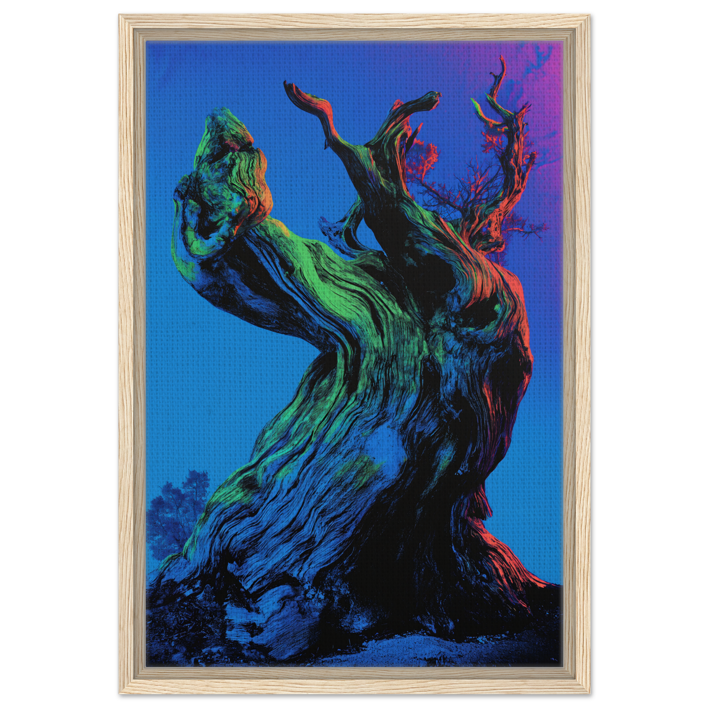 Twisted gnarled tree trunk in vibrant colors, featured in Celestial Arbor Gaze canvas print