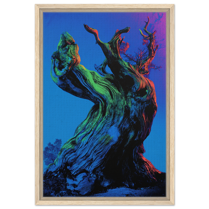 Twisted gnarled tree trunk in vibrant colors, featured in Celestial Arbor Gaze canvas print