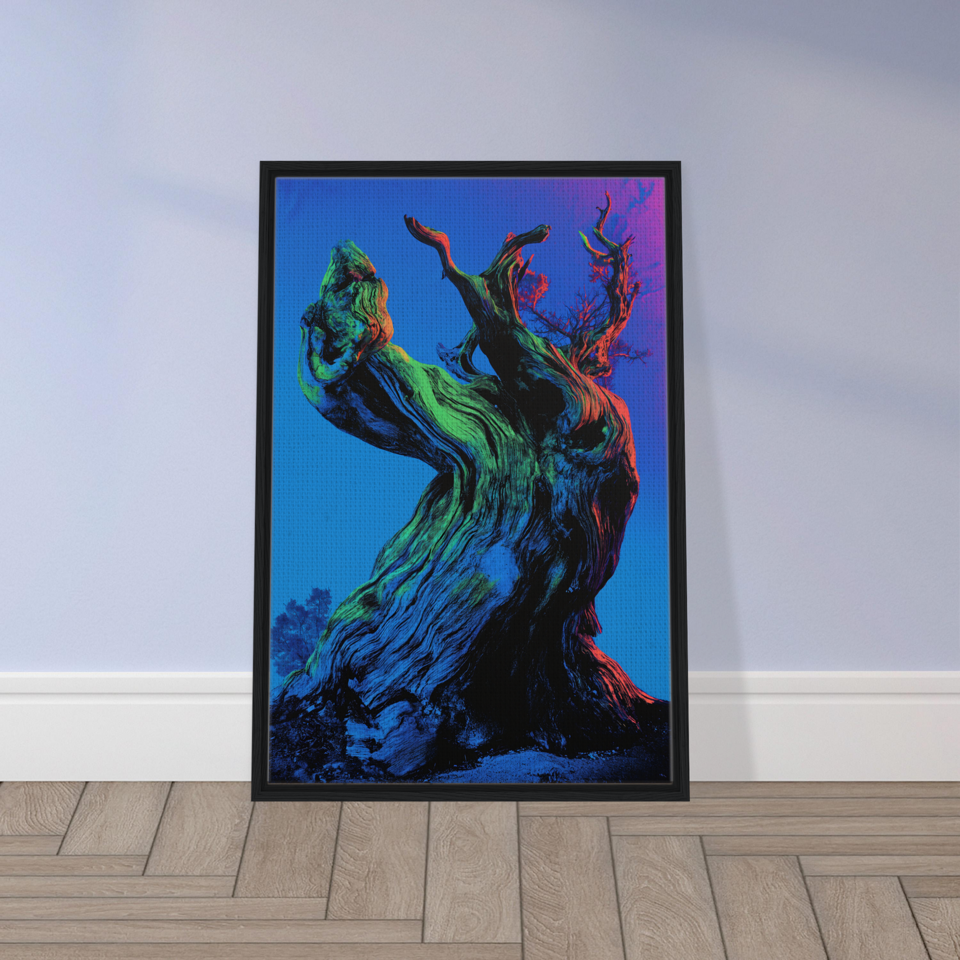 Framed canvas print of Celestial Arbor Gaze featuring vibrant, swirling tree-like art