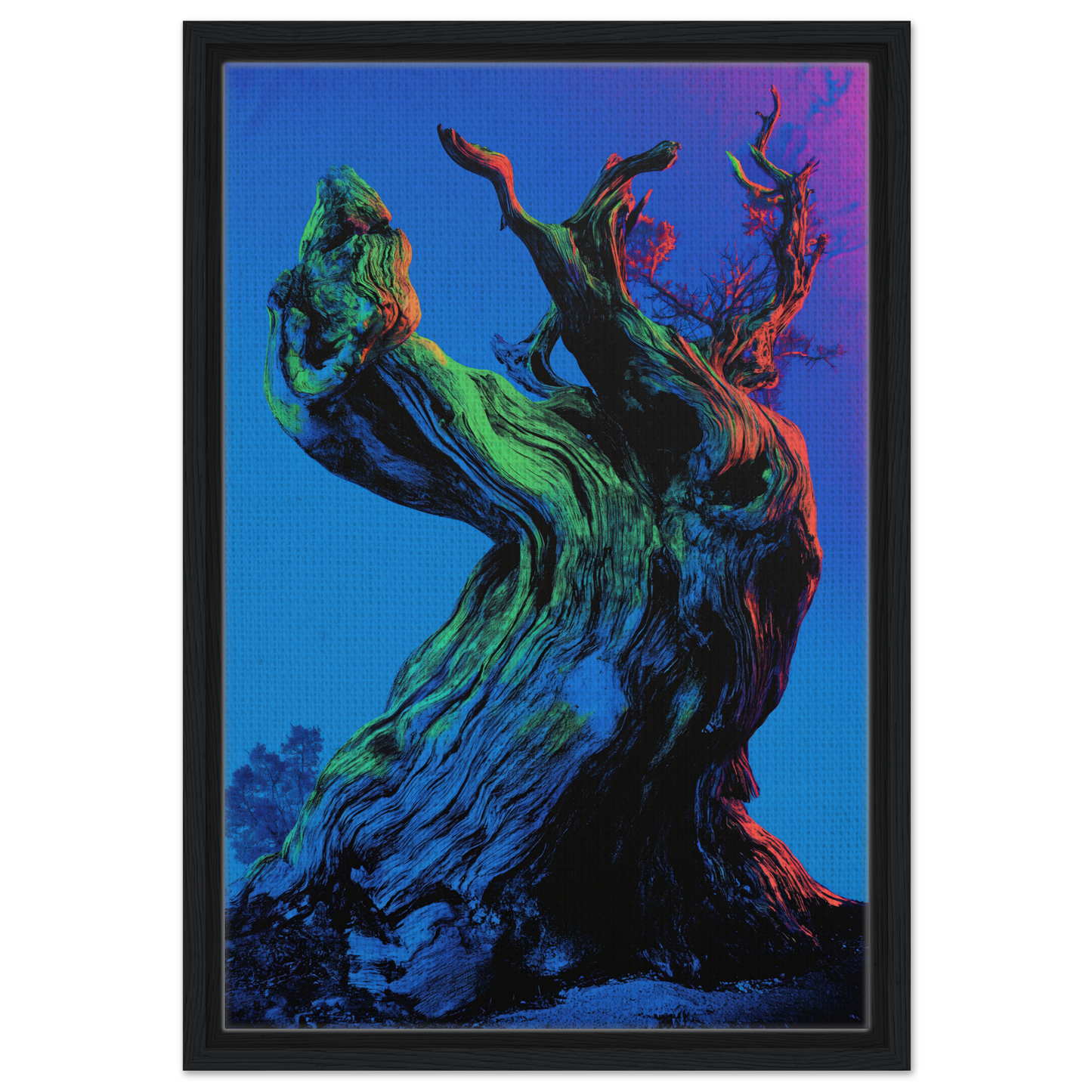 Twisted colorful tree trunk with swirling patterns in Celestial Arbor Gaze framed canvas print