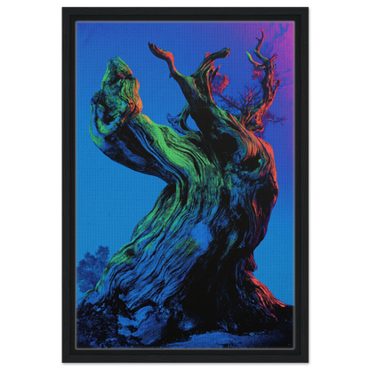 Twisted colorful tree trunk with swirling patterns in Celestial Arbor Gaze framed canvas print