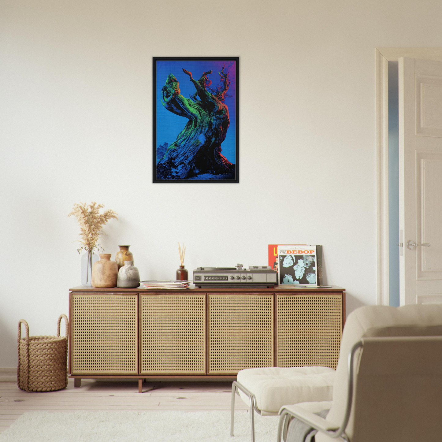 Wooden sideboard with cane-webbed doors and Celestial Arbor Gaze peacock artwork