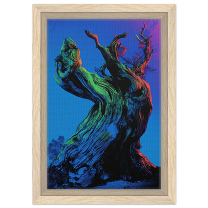 Twisted, colorful tree trunk with gnarled branches in Celestial Arbor Gaze framed canvas print