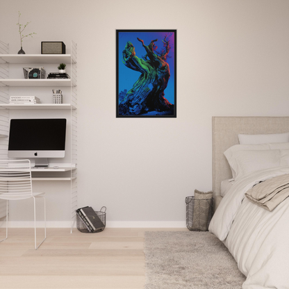 Vibrant abstract peacock figure in Celestial Arbor Gaze framed canvas print