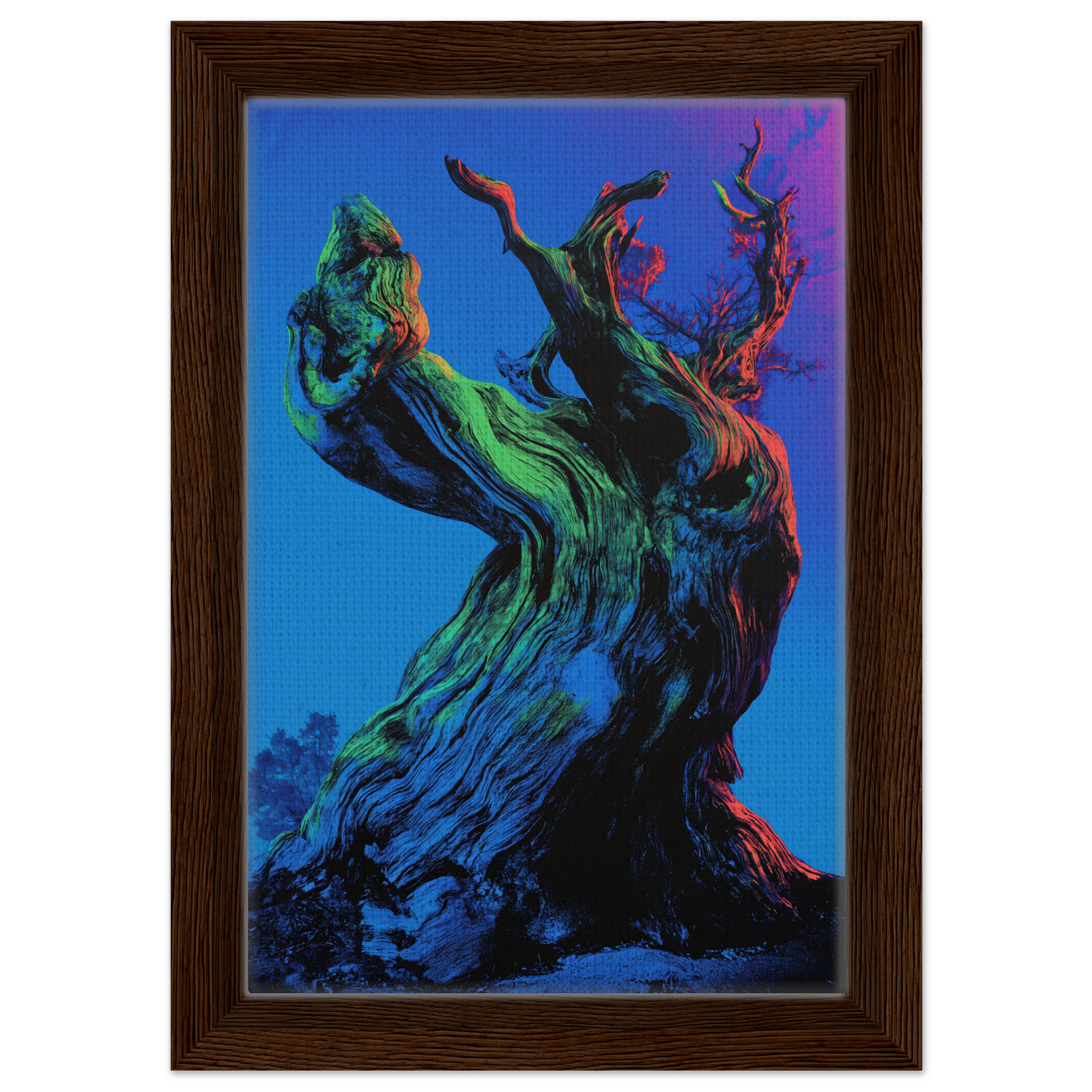 Twisted tree trunk with vibrant colors for Celestial Arbor Gaze framed canvas print