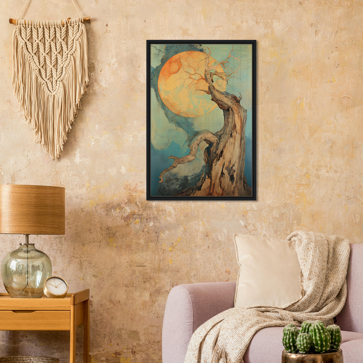 Framed Celestial Arbor Symphony painting of a gnarled tree with moon, ideal room decor