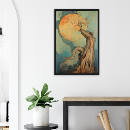 Framed painting of a gnarled tree under a full moon in Celestial Arbor Symphony room decor