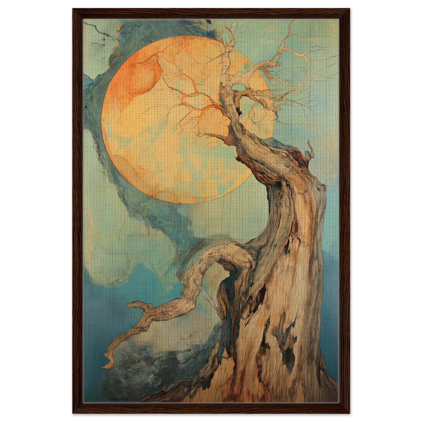 Gnarled tree silhouette against orange moon in Celestial Arbor Symphony room decor