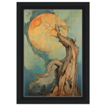 Gnarled tree silhouetted against a glowing orange moon in Celestial Arbor Symphony canvas