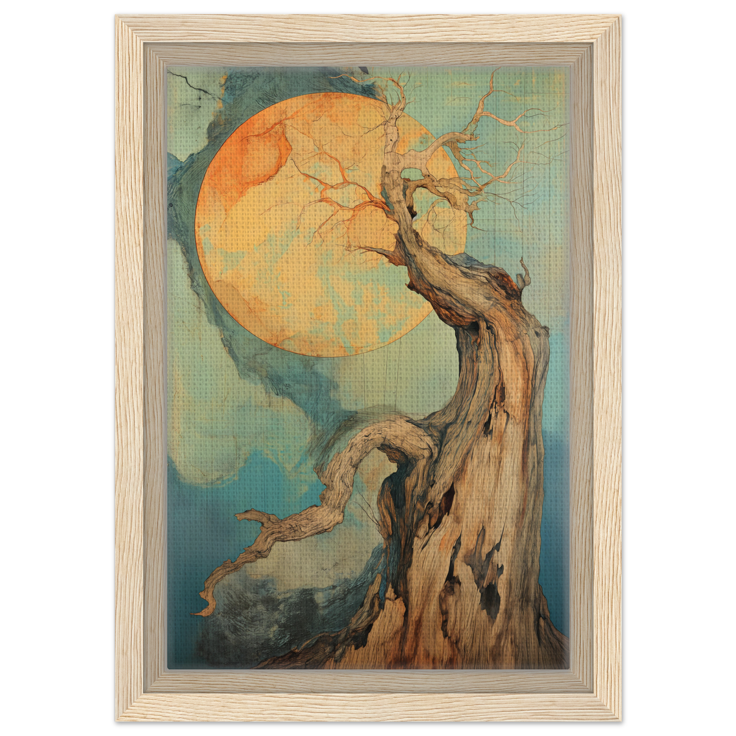 Gnarled tree silhouette against a glowing moon in Celestial Arbor Symphony canvas print