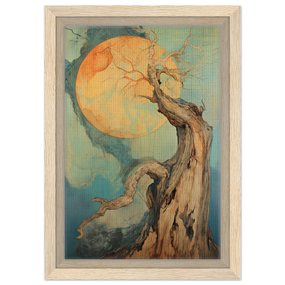 Gnarled tree silhouette against a glowing moon in Celestial Arbor Symphony canvas print