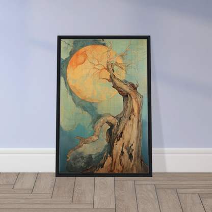 Framed painting of a gnarled tree against a golden moon in Celestial Arbor Symphony room decor