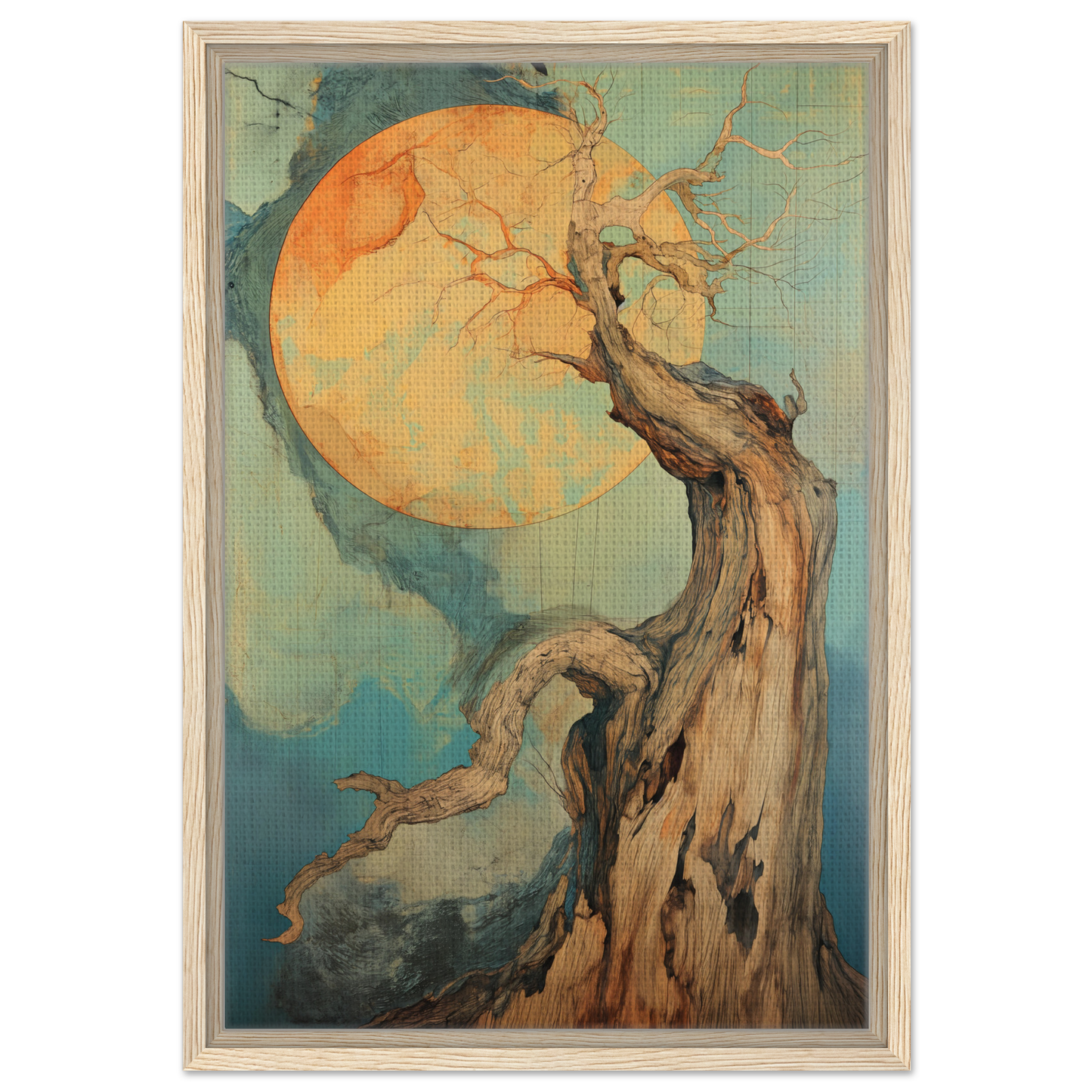 Gnarled tree trunk reaching for a vibrant moon in Celestial Arbor Symphony room decor