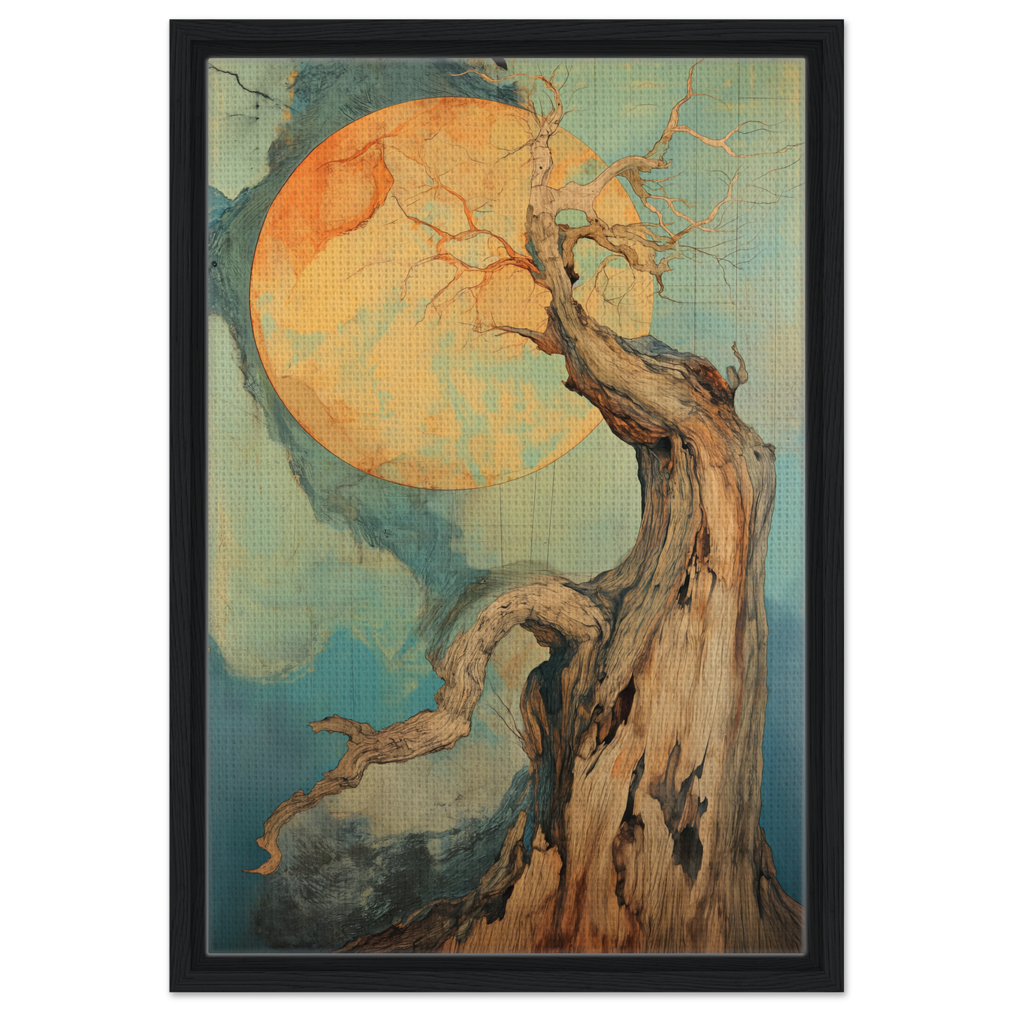 Gnarled tree silhouetted against an orange moon in Celestial Arbor Symphony framed canvas print