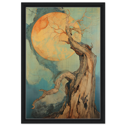 Gnarled tree silhouetted against an orange moon in Celestial Arbor Symphony framed canvas print