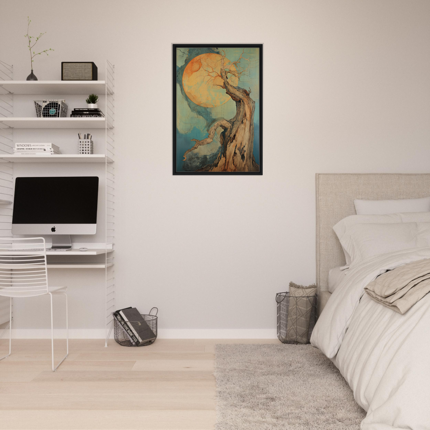 Framed Celestial Arbor Symphony artwork showcasing a stylized tree and colorful sky