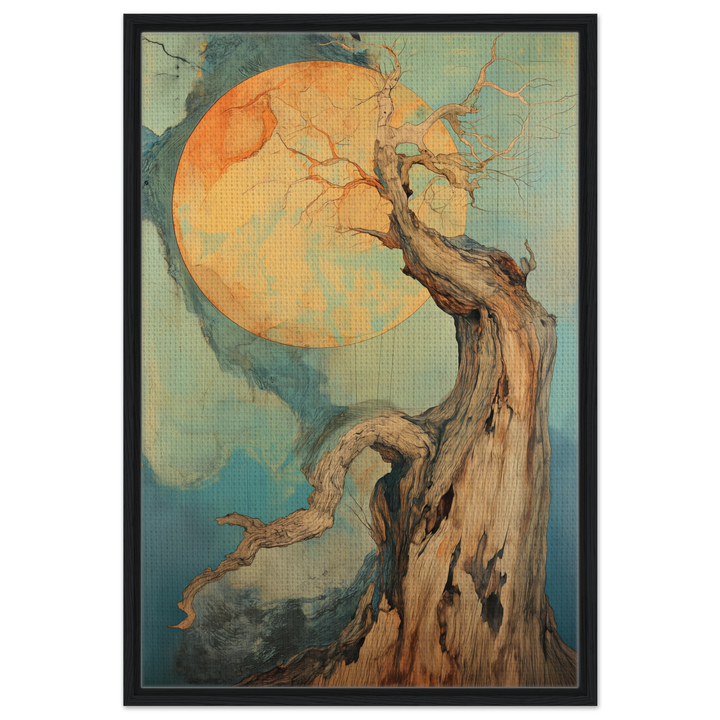 Gnarled tree branches reach for an orange moon in Celestial Arbor Symphony canvas print