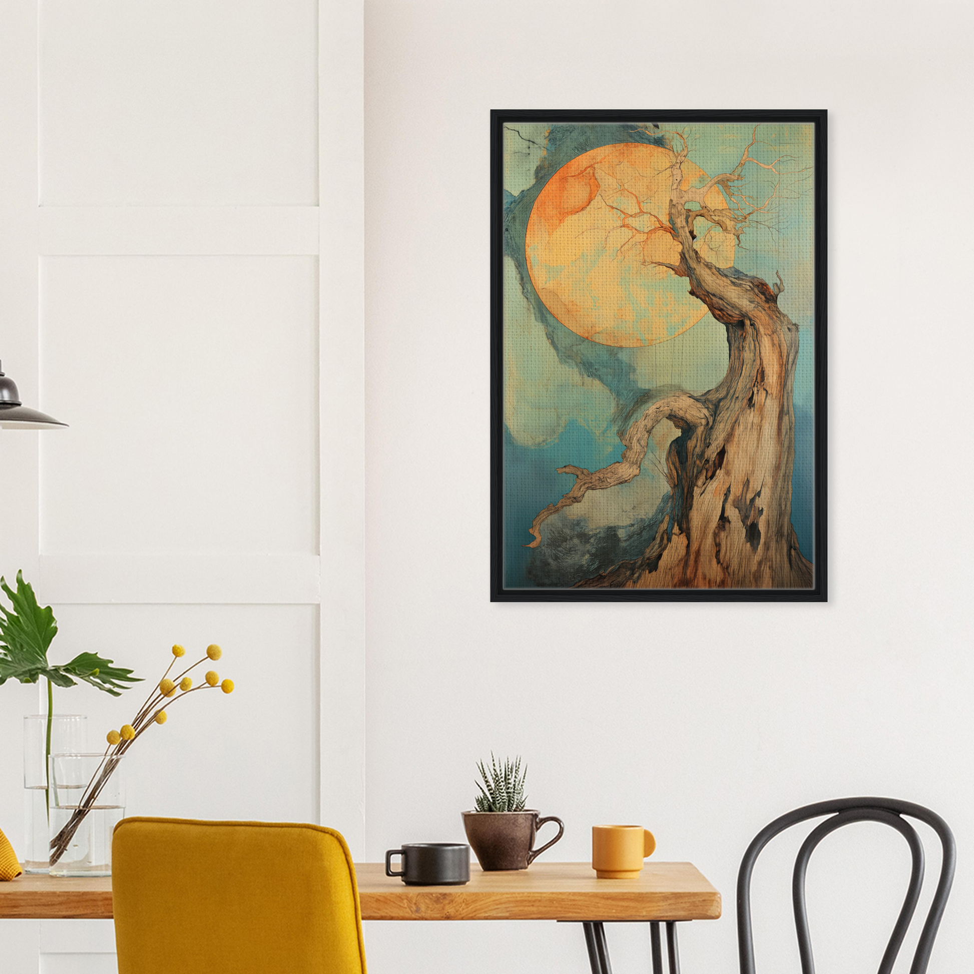 Framed canvas print of gnarled tree against orange moon in Celestial Arbor Symphony