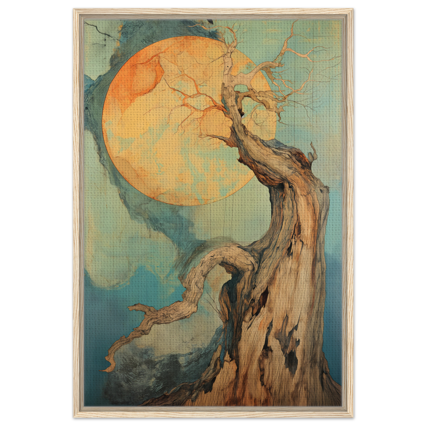 Gnarled tree silhouetted against an orange moon in Celestial Arbor Symphony canvas print