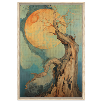 Gnarled tree silhouetted against an orange moon in Celestial Arbor Symphony canvas print