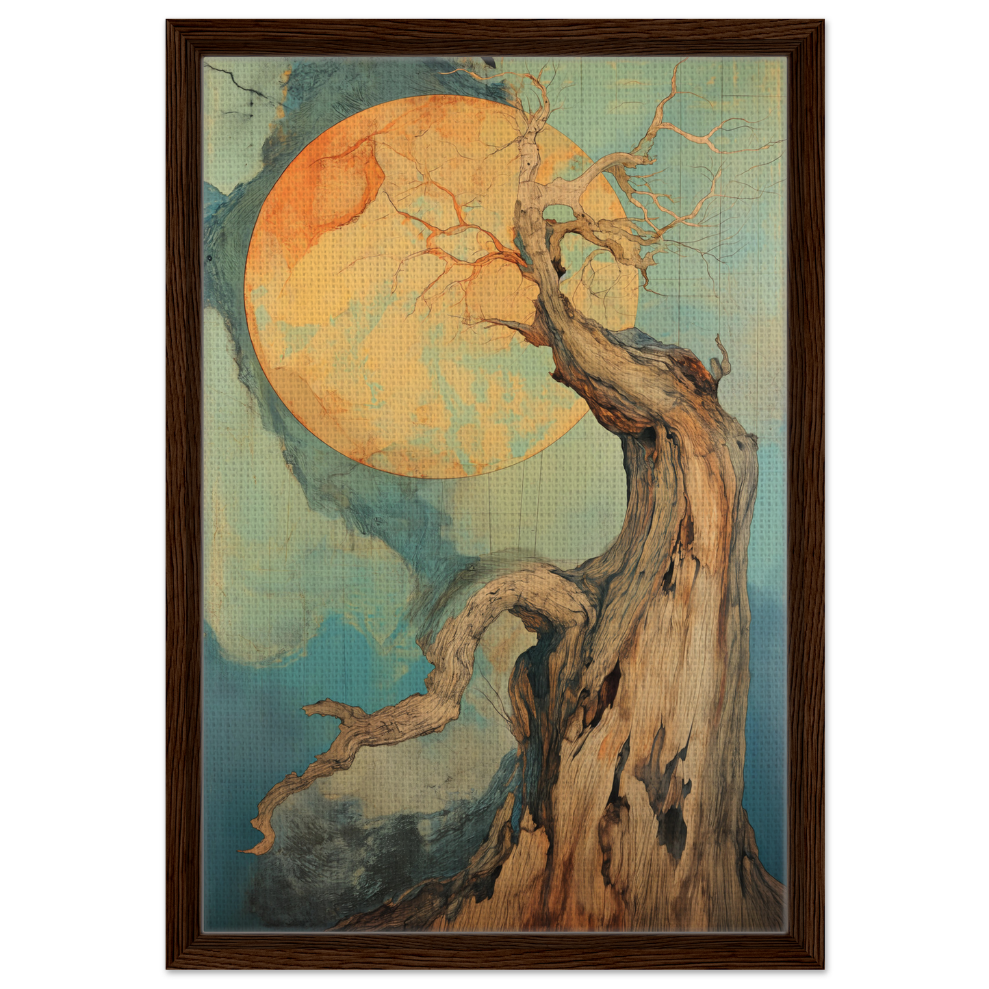 Gnarled tree silhouette against a vibrant orange moon for Celestial Arbor Symphony room decor