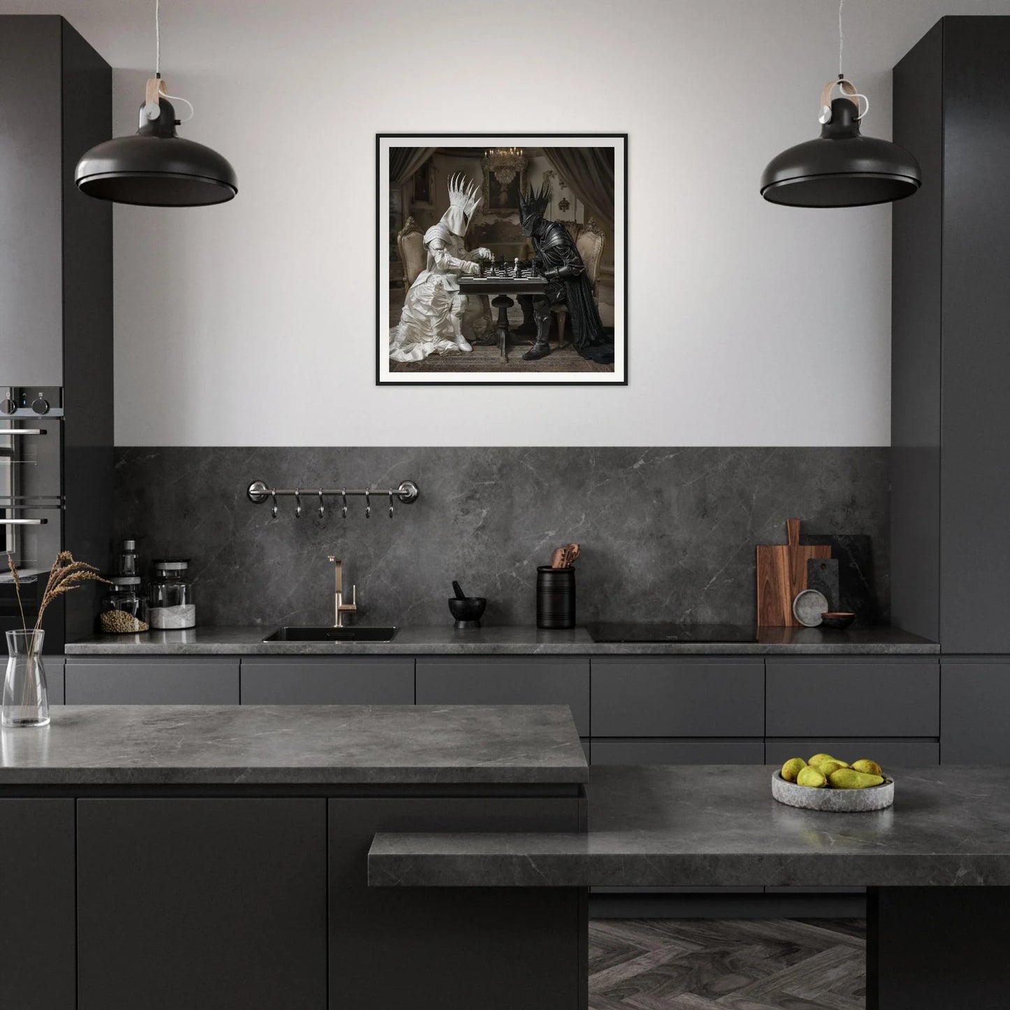 Modern dark gray kitchen featuring Celestial Chess Nexus framed poster and industrial lights